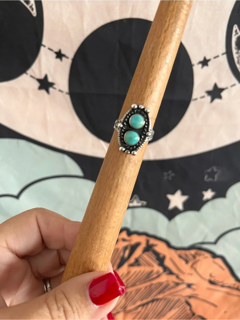 Vintage Southwestern Sterling Silver Double Turquoise Cabochon Ring Size6.25/6.5